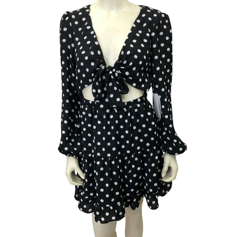 CITY VIBE Puff Long-Sleeve Tie-Front Cut-Out Dot Printed Dress MD NWT‎
